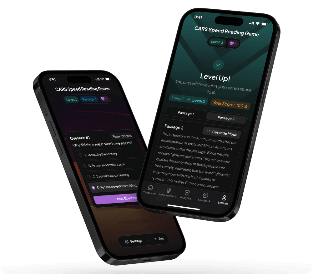 CARS speed reading game screens displayed on two mobile phones