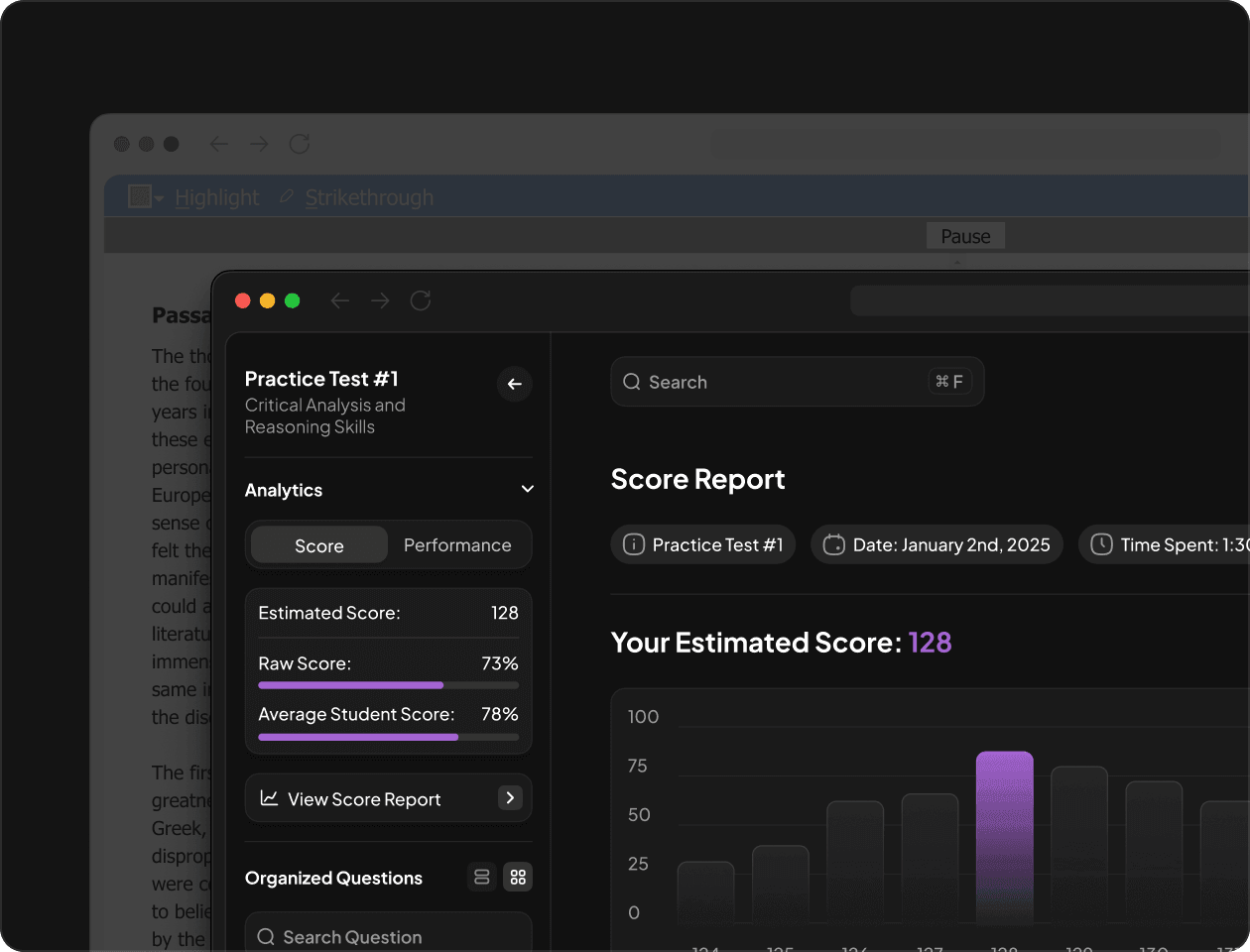 CARS practice test interface with a score report and passage view